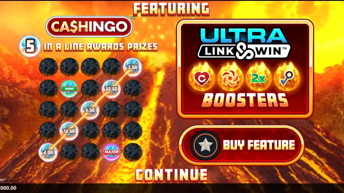 Tampilan visual slot Eruption Blaze Cashingo dengan tema gunung berapi dan elemen klasik.