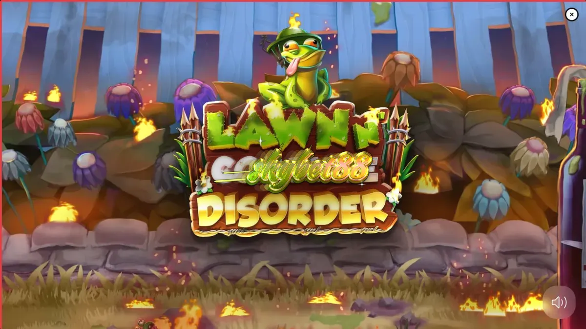 Tampilan visual slot Lawn N’ Complete Disorder dengan tema taman yang terbakar dan gnome.